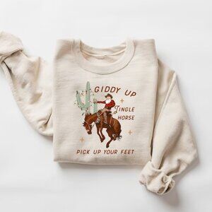 Cowboy Christmas Sweatshirt Giddy Up Jingle Horse Pick Up Your Feet Howdy 17